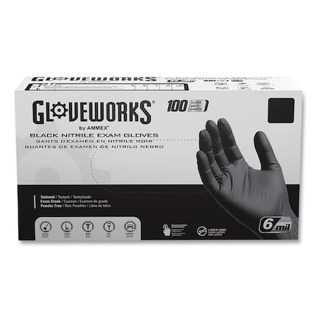 Gloveworks By Ammex Disposable Gloves, 6 mil Palm, Nitrile, Powder-Free, L, 1000 PK, Black GWBEN46100